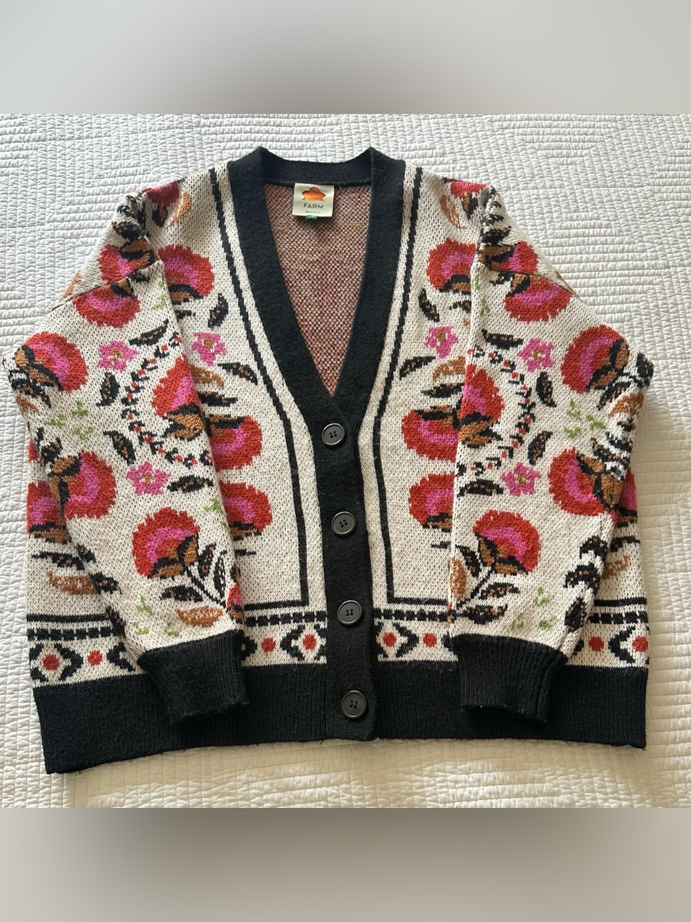 Farm Rio Palms Paradise Sand Knit Cardigan Sweater Women’s Size XS Oversized - Picture 13 of 16